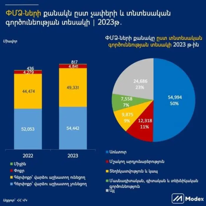 2023թ-ին ՓՄՁ-ների քանակը ըստ չափերի և տնտեսական գործունեության տեսակի